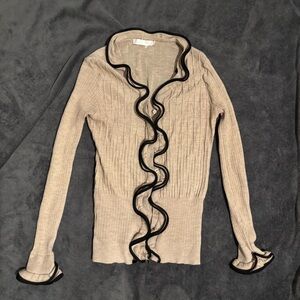 Anne Fontaine Ruffle Scalloped Button Up Cardigan Tan with Black edges size 40